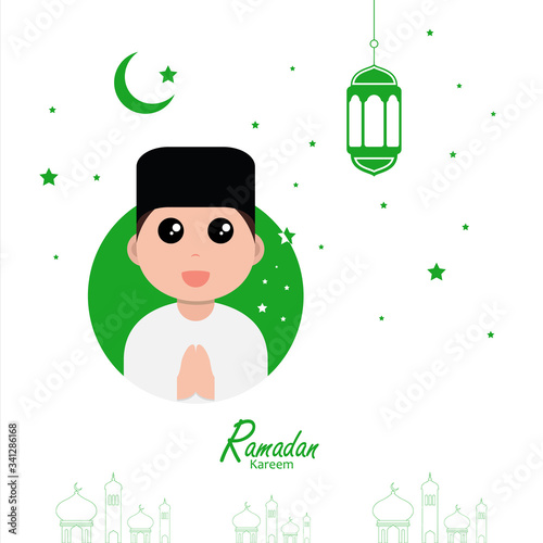 flat illustration ramadan background with ramadan kareem cartoon character design