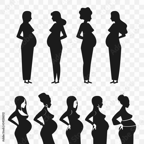 Silhouette of a pregnant woman isolated on a transparent background.