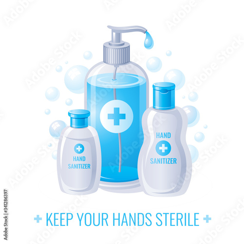 Corona virus Covid 19 protect icon. Soap sanitizer bottles for Coronavirus prevention with soap bubbles. Health care vector illustration isolated on white background.
