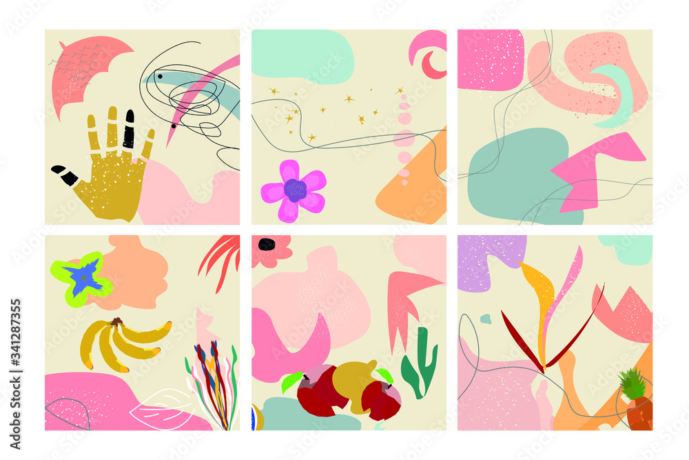 Fototapeta premium Set of six abstract backgrounds. Hand drawn various shapes and doodle objects. Each background is isolated from each other. Modern trendy vector illustration.