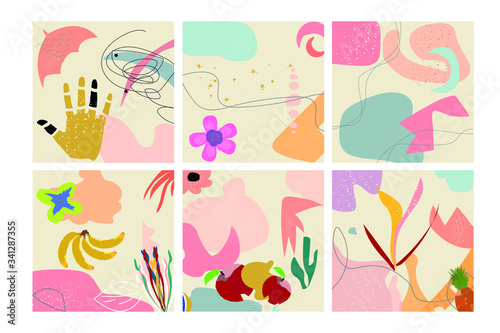 Set of six abstract backgrounds. Hand drawn various shapes and doodle objects. Each background is isolated from each other. Modern trendy vector illustration.