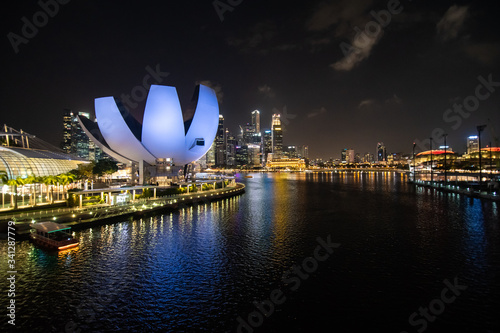 SINGAPORE - February, 2020: Laser show at the Marina Bay waterfront in Singapore. Show is the largest light and water spectacular in Southeast Asia.