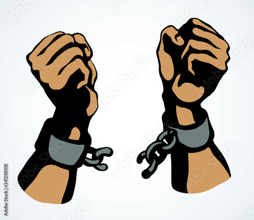 Hands tearing shackles. Vector drawing