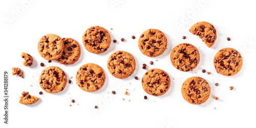 Chocolate chip cookies panorama on a white background, overhead flat lay