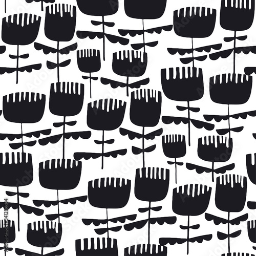 Abstract black and white floral seamless pattern