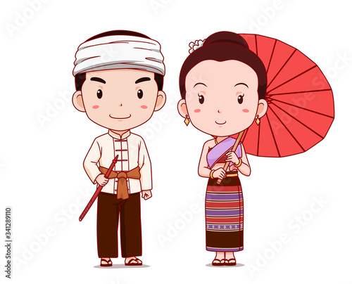 Cute couple of cartoon characters in Thai Lanna traditional costume.
