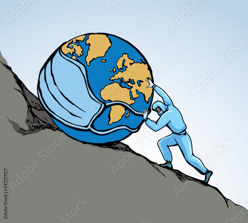 Bild auf Leinwand A man rolls a earth up the hill. Vector drawing