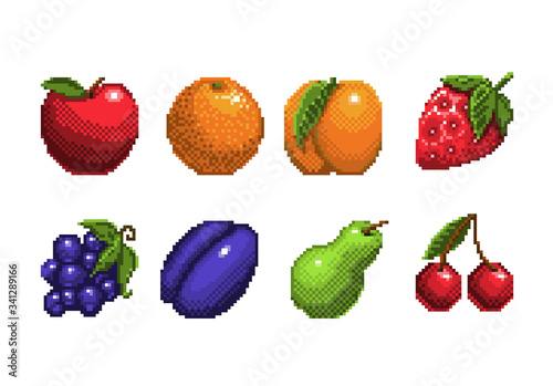 set of pixel art fruits icon. 32x32 pixels. Vector illustration on a white background.