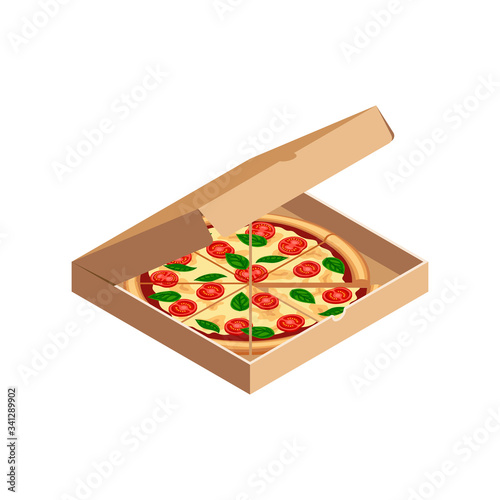 Tasty sliced pizza margherita with tomato, cheese, basil isometric in opened carton box isolated on white. Flat traditional italian fast food icon. 3d vector illustration for web, advert, menu, app