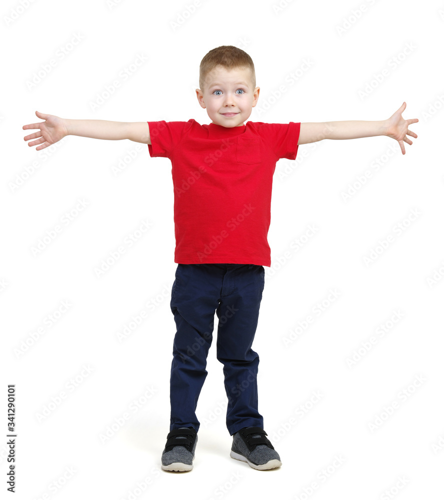 Boy in red t-shirt happy smiling with hands spreading Boy in red t-shirt happy smiling with hands spreading