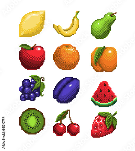 set of pixel art fruits icon. 32x32 pixels