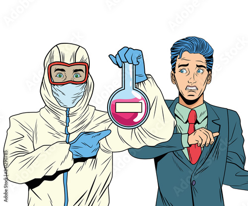 businessman and man with biosafety suit lifting tube test