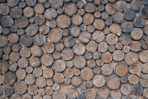 Background of wood. Many logs of trees. Lumber, firewood for winter