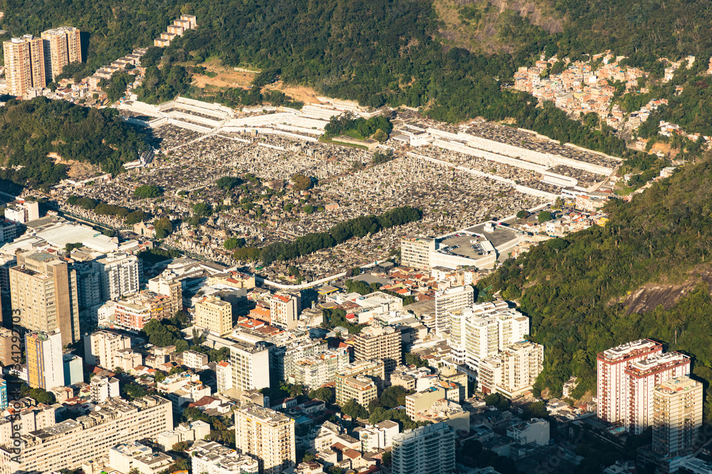 Aerial view of the city of Rio de Janeiro with Sugar Loaf Mountain, Guanabara Bay and Botafogo on the coast of Brazil.
