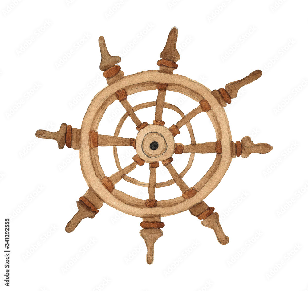 Hand drawn watercolor ship steering wheel isolated on a transparent background. Stock illustration in cartoon style. Icon for pirates week festival, kids game, web, treasure hunter, postcards and etc.
