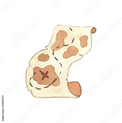 Hand drawn watercolor pirate treasure map isolated on a transparent background. Stock illustration in cartoon style. Icon for pirates week festival, kids game, web, treasure hunter, postcards and etc.