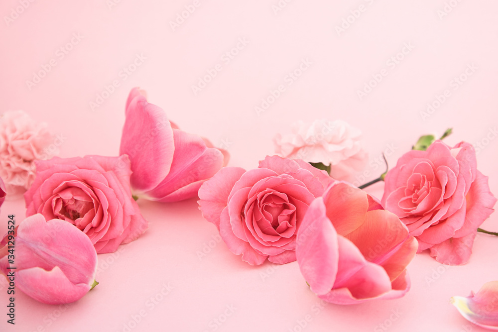 blooming spring flowers on pink background blooming spring flowers on pink background