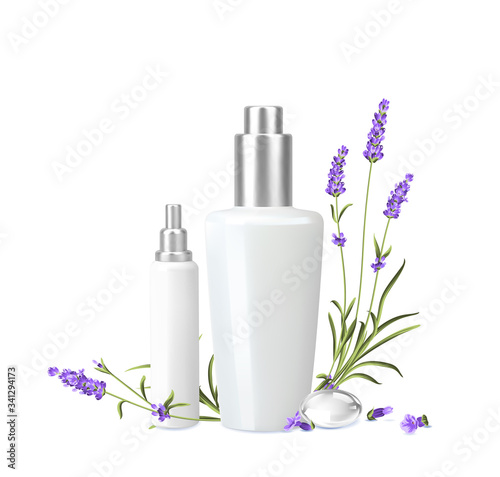 Women care cosmetic in beautiful bottles over white background. Lavender cream and oil. Moisturizer with Vitamins and Regenerate Cream contains herbal essence. Vector illustration.