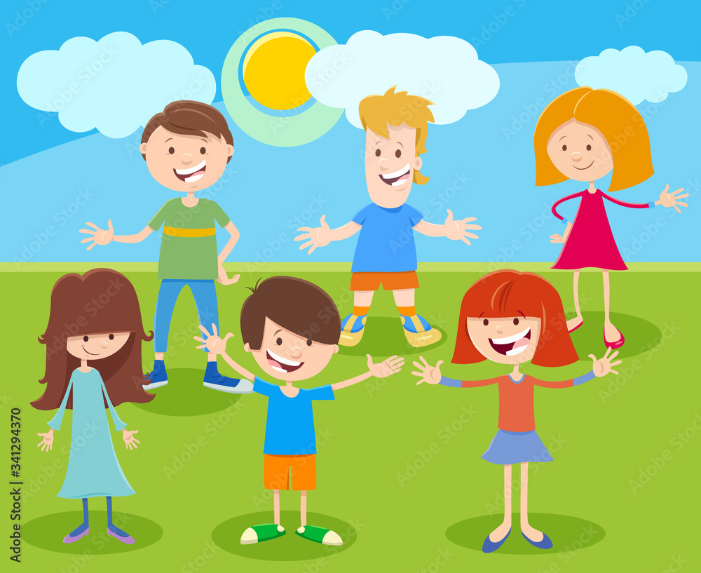 funny cartoon children or teens characters group