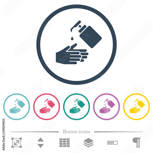 Hand washing with liquid soap flat color icons in round outlines