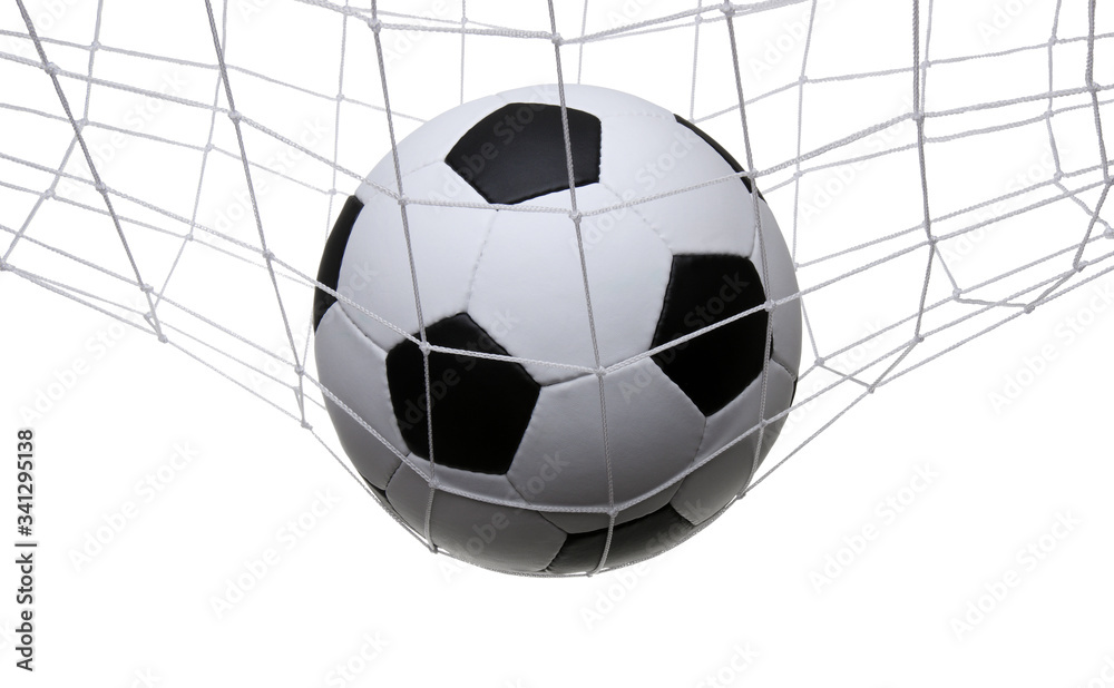 Naklejka premium soccer ball in the net on a white