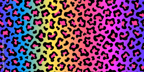 Neon rainbow colored leopard print seamless pattern. Gradient background. Vector wallpaper. 