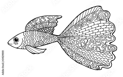 page for a Zen art coloring book with a guppy fish