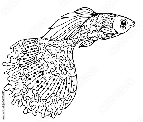 page for a Zen art coloring book with a guppy fish