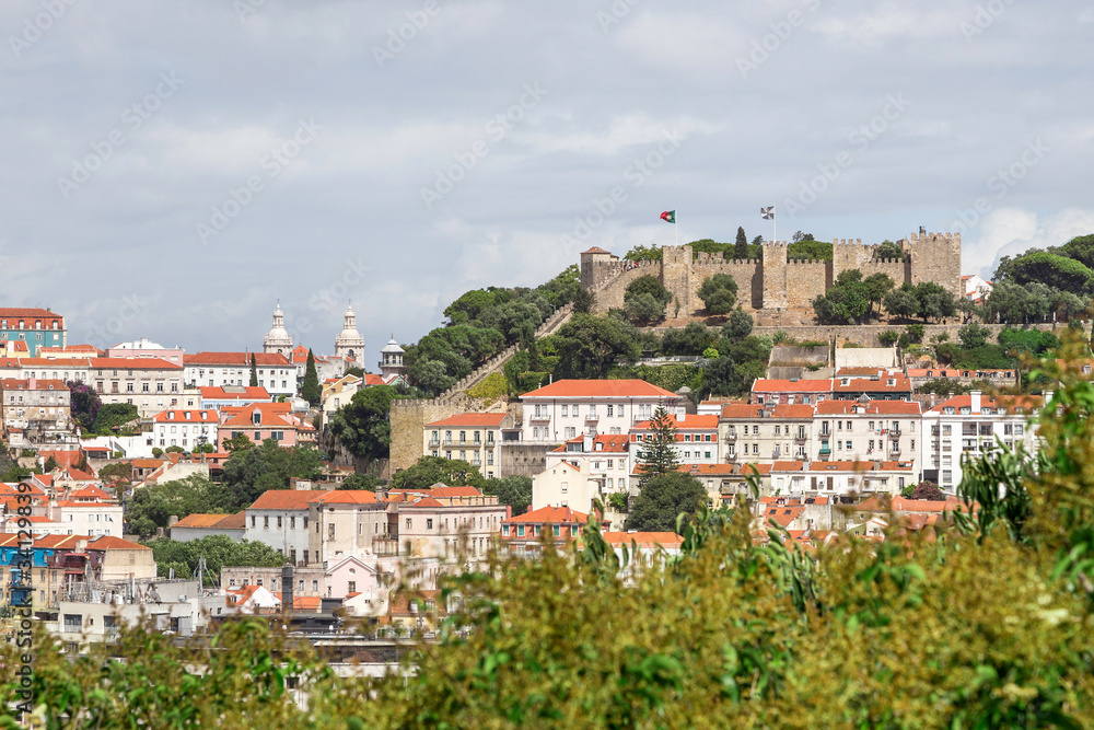 Panoramic  view of Lisbon, Castle of St. George (port. Castelo de São Jorge) on a sunny summer day.  Lisbon, Portugal