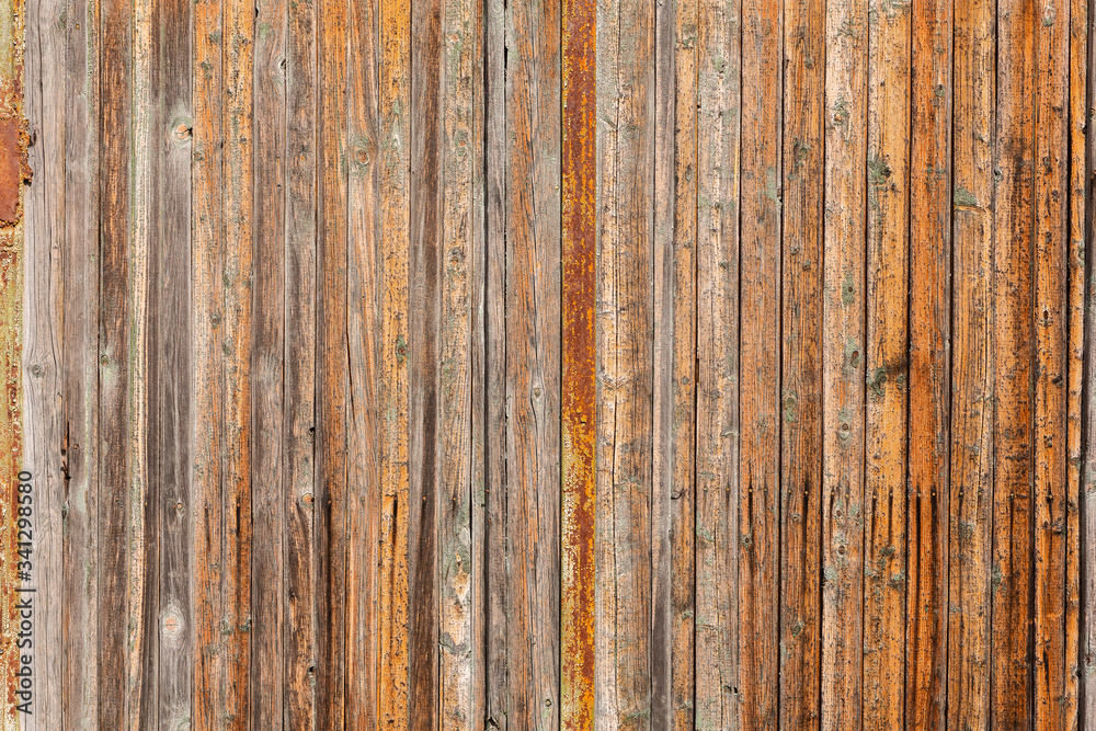 Vertical closeup of old wooden plank wall, brown wooden background, fence or floor panels Vertical closeup of old wooden plank wall, brown wooden background, fence or floor panels