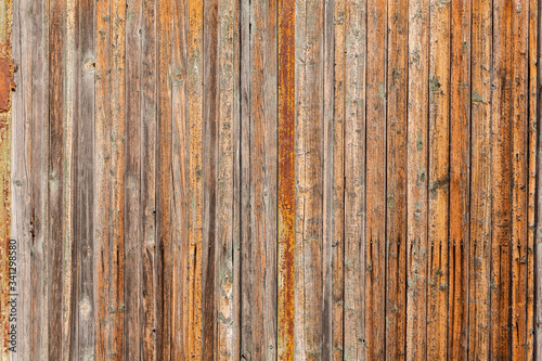 Vertical closeup of old wooden plank wall, brown wooden background, fence or floor panels