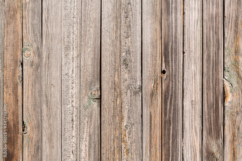 Vertical closeup of old wooden plank wall, brown wooden background, fence or floor panels Vertical closeup of old wooden plank wall, brown wooden background, fence or floor panels