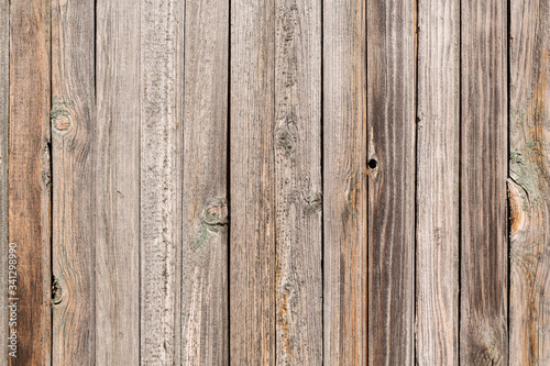 Vertical closeup of old wooden plank wall, brown wooden background, fence or floor panels