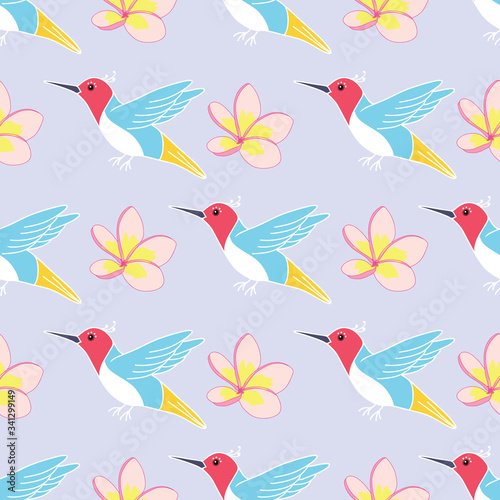 Colorful birds and plumeria flowers seamless pattern © Elinnet