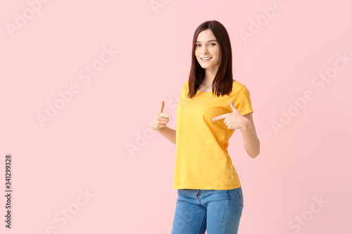 Woman in stylish t-shirt on...