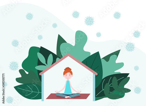 Woman doing yoga exercises at home on Quarantine. Coronavirus CoV and virus infection outdoor. Stay home, Stop COVID-19, 2019-nCoV Novel Corona virus.