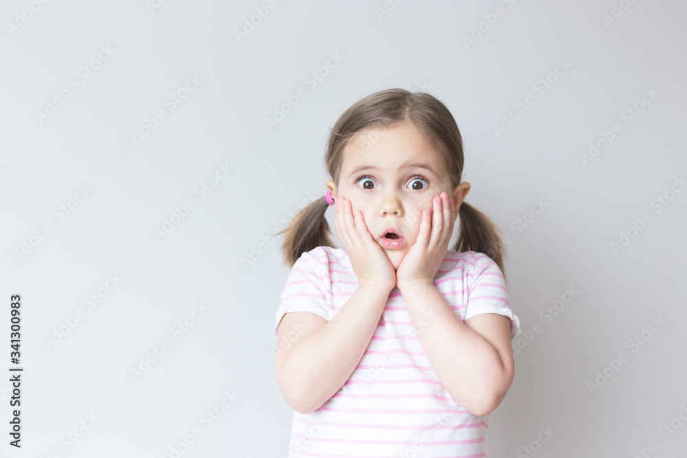 Portrait of a white girl 4 years old. She is very surprised, her mouth is open, her hands on her cheeks. Attractive. Discounts, sale. Grey background. Incredible. Place for text, layout. Portrait of a white girl 4 years old. She is very surprised, her mouth is open, her hands on her cheeks. Attractive. Discounts, sale. Grey background. Incredible. Place for text, layout.