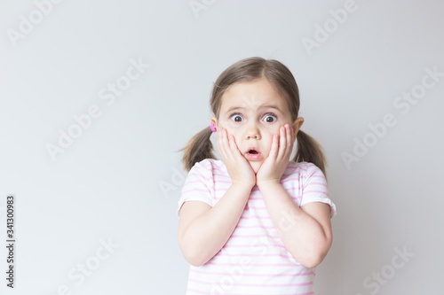 Portrait of a white girl 4 years old. She is very surprised, her mouth is open, her hands on her cheeks. Attractive. Discounts, sale. Grey background. Incredible. Place for text, layout.