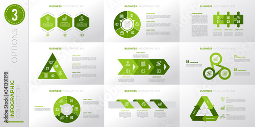 Infographic business template with 3 options. Green color version.