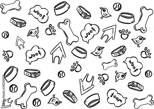 Collection of seamless patterns with dog objects, a bone, a bowl, a collar booth 01