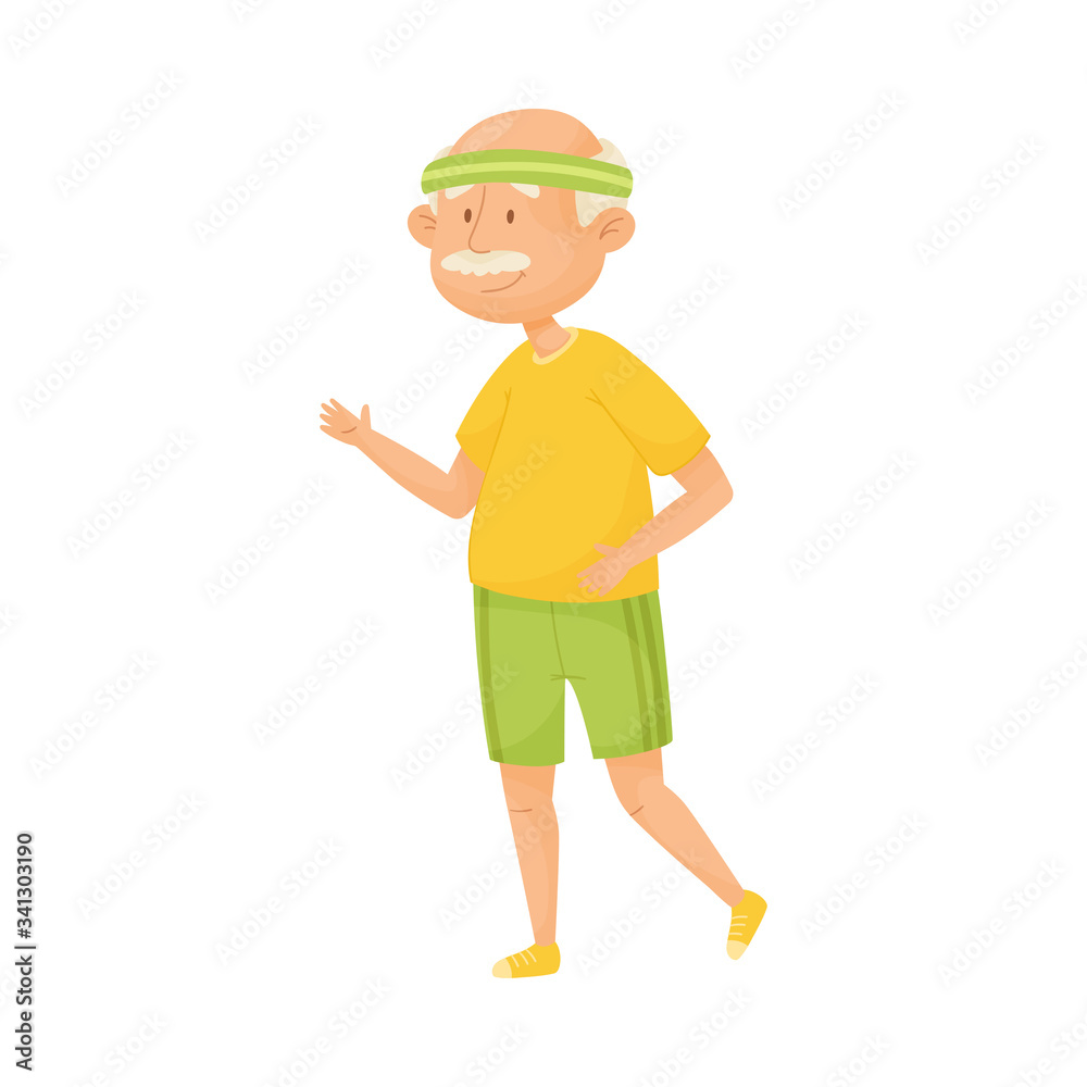 Senior Grey-haired Man with Mustache Wearing Sportswear Jogging Vector Illustration
