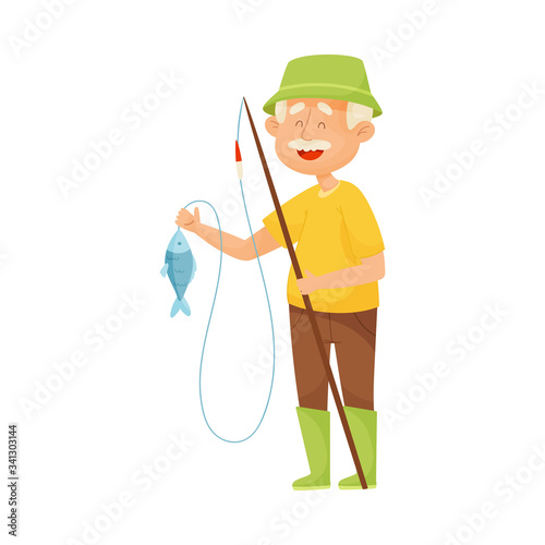 Senior Grey-haired Man with Mustache Fishing Vector Illustration