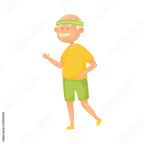 Senior Grey-haired Man with Mustache Wearing Sportswear Jogging Vector Illustration