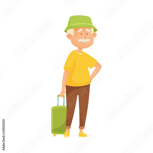 Senior Grey-haired Man with Mustache Pulling Luggage Bag Vector Illustration