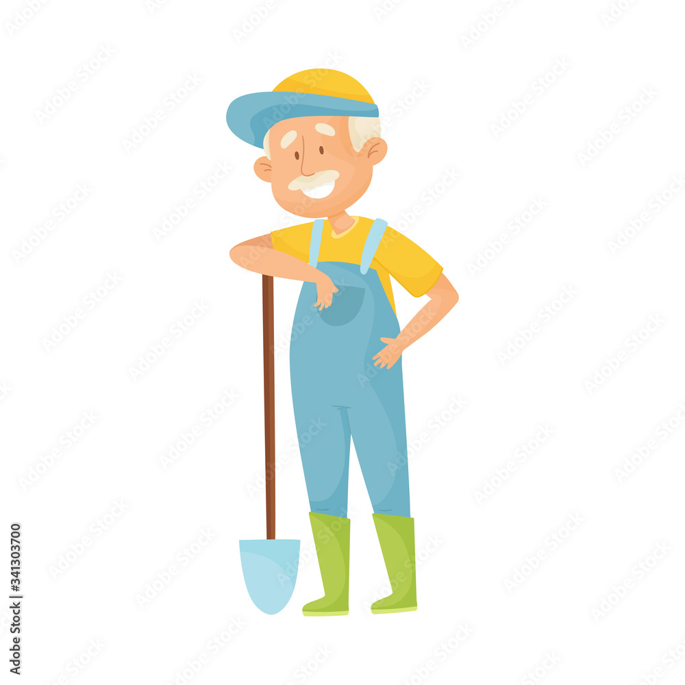 Senior Grey-haired Man with Mustache Doing Gardening with Spade Vector Illustration
