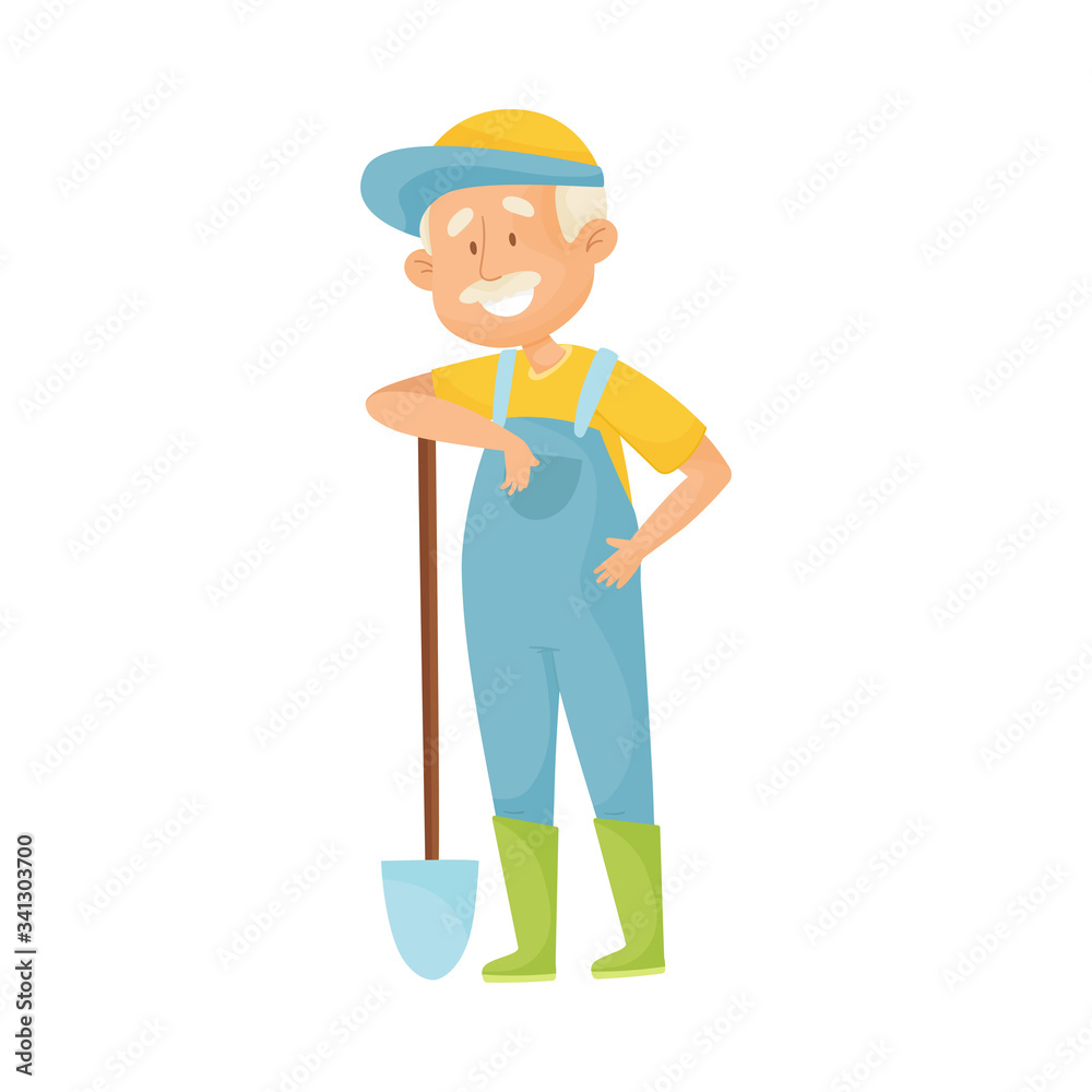 Senior Grey-haired Man with Mustache Doing Gardening with Spade Vector Illustration Senior Grey-haired Man with Mustache Doing Gardening with Spade Vector Illustration