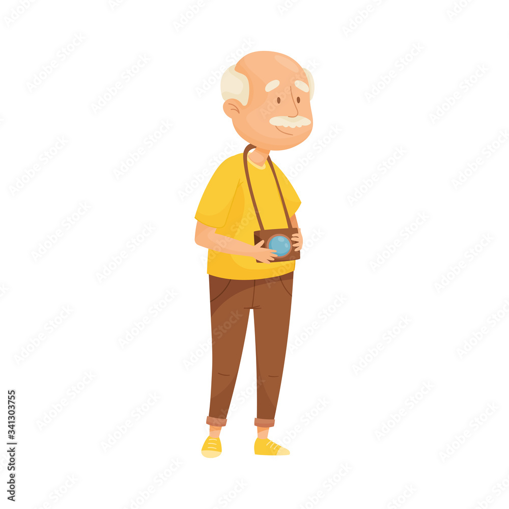 Senior Grey-haired Man with Mustache Taking Photos in a Trip Vector Illustration