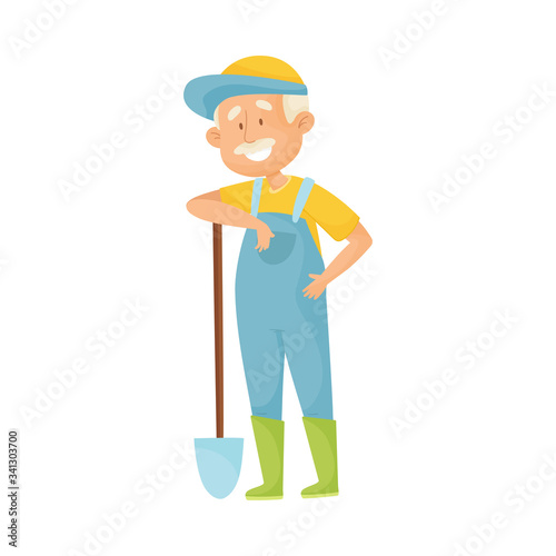 Senior Grey-haired Man with Mustache Doing Gardening with Spade Vector Illustration