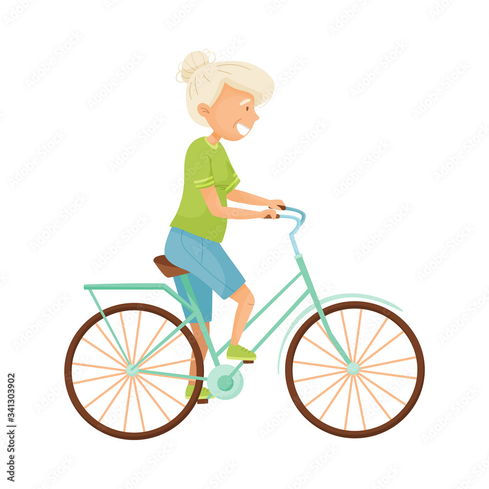 Obraz premium Senior Grey-haired Woman Cycling Isolated on White Background Vector Illustration