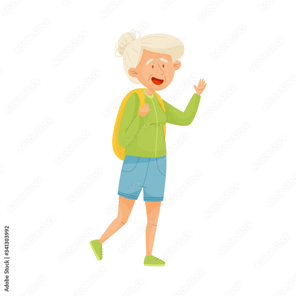 Senior Grey-haired Woman Carrying Backpack and Waving Hand Vector Illustration Senior Grey-haired Woman Carrying Backpack and Waving Hand Vector Illustration